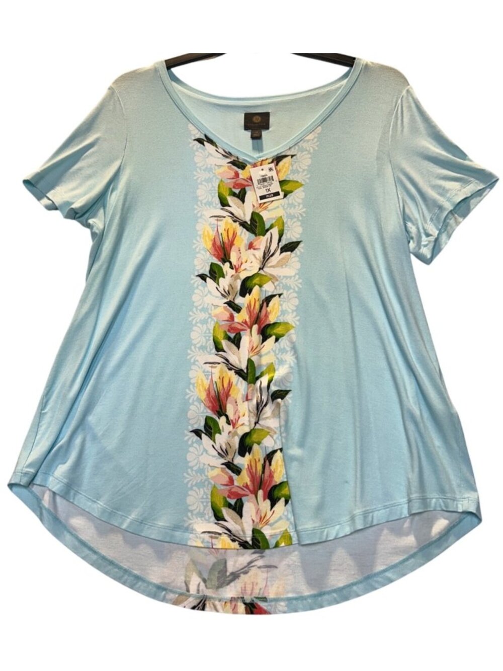 JM Collection Womens Plus Size 1X Floral Panel Short Sleeve High-Low Hem Top
